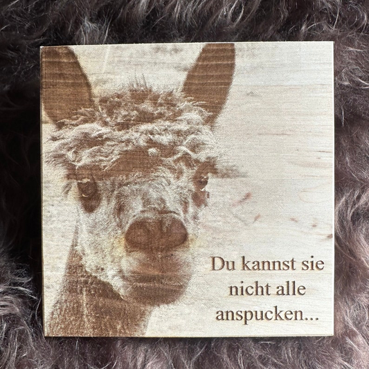 Alpaka Holzgravur " Du kannst Sie nicht alle anspucken..." in 15 × 15 cm